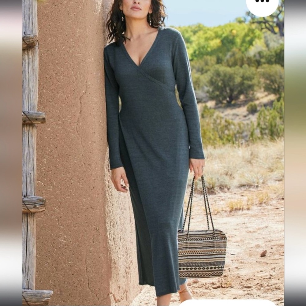 Peruvian Connection Bay Blue Amalfi Faux Wrap Midi Dress Pima cotton knit